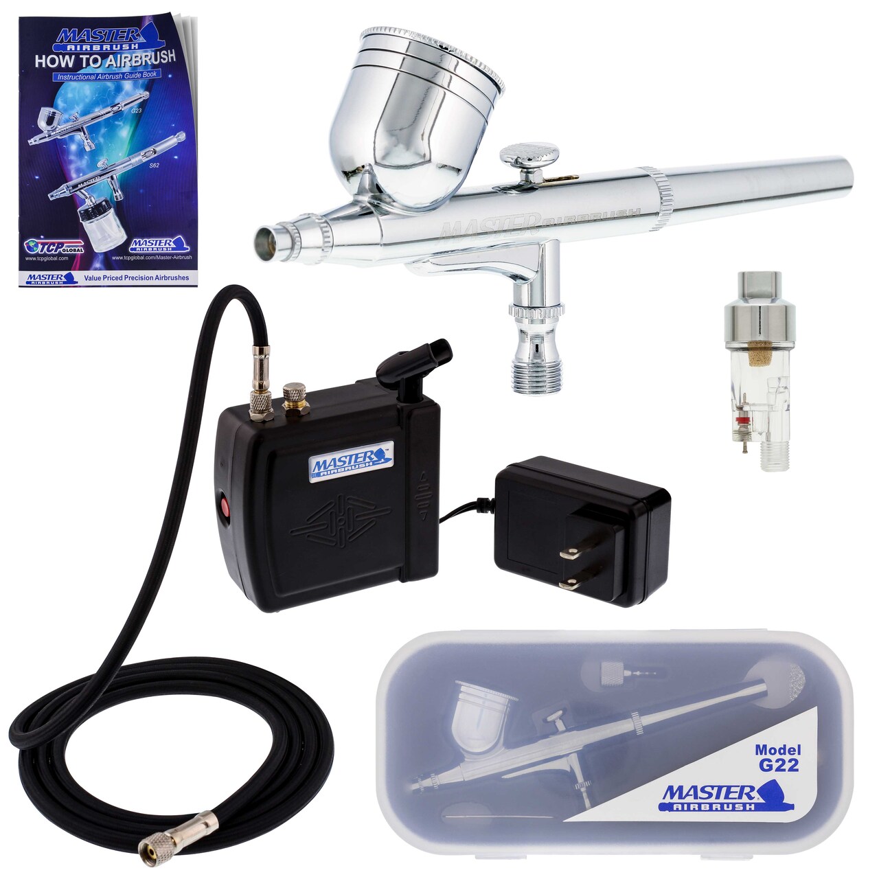 Master Performance G22 Airbrush Kit with Master Black Mini Portable  Compressor C16-B, Air Hose & Air Filter Water Trap